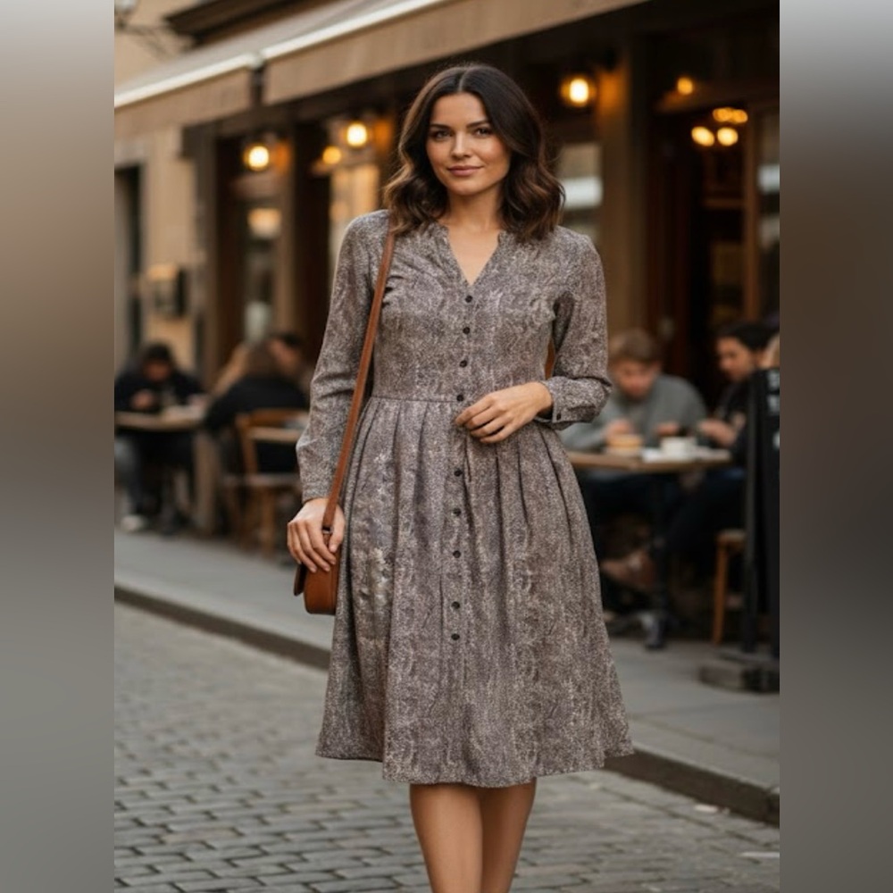 Gray A-Line Dress with V-Neck and Bishop Sleeves